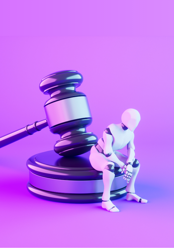 3D illustration of a white humanoid robot sitting thoughtfully beside a large judge&rsquo;s gavel on a purple gradient background.