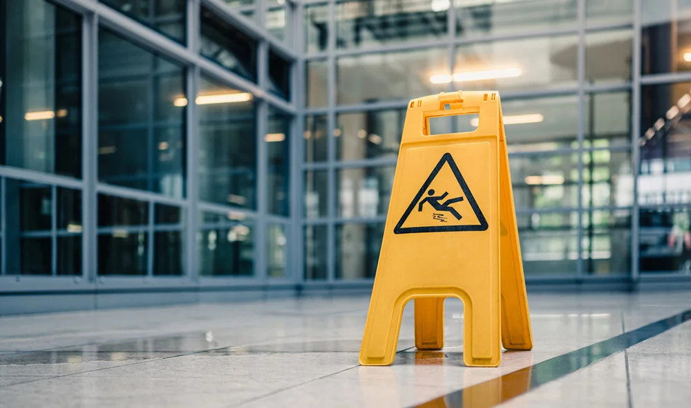 Yellow “Caution: Wet Floor” warning sign standing on a glossy tile floor inside a modern building with glass walls and reflections visible on the floor.