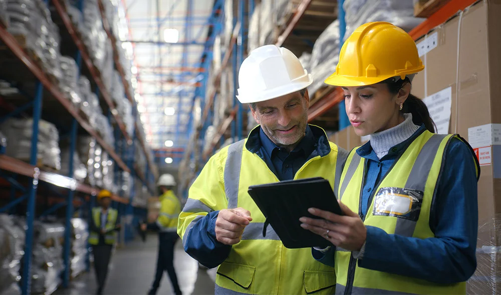 Two construction workers wearing high-visibility safety vests and hard hats stand on an industrial worksite beside metal scaffolding. Both individuals are holding and reviewing a tablet device together.