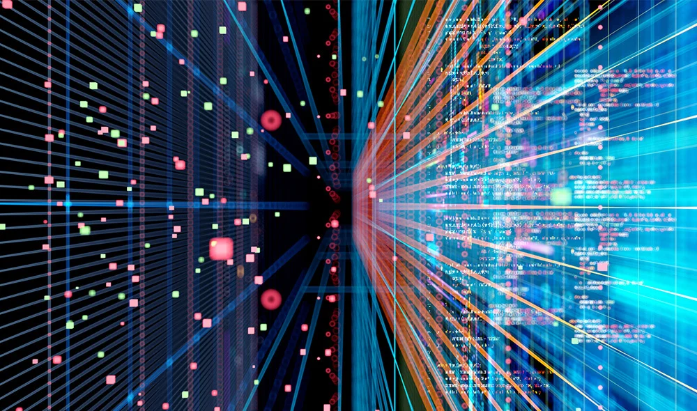 Abstract digital visualization of high-speed data transfer, featuring colorful light trails, glowing dots, and layered streams of code converging toward a central point on a dark background. Provide your feedback on BizChat