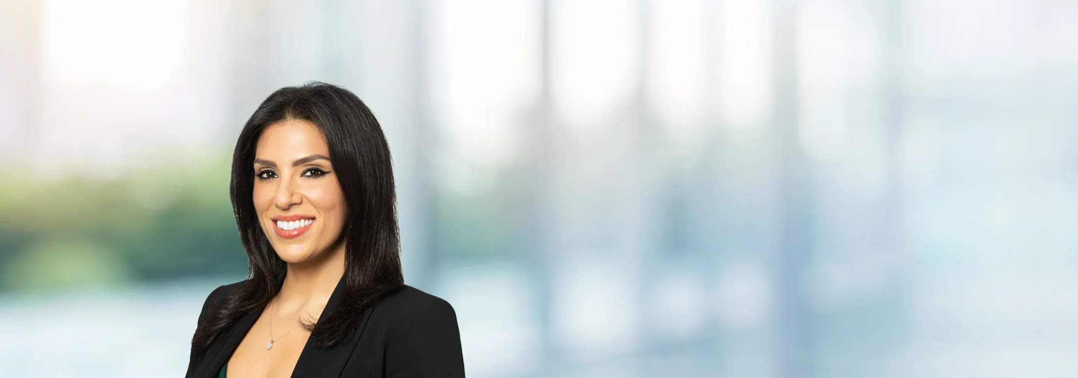 A photo of attorney, Gouya Ranekouhi, against a softly blurred office background