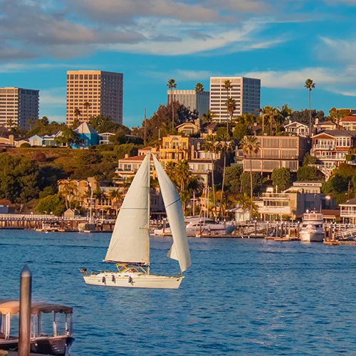 Coastal harbor scene in Orange County, California, featuring sailboats and small boats on calm blue water, hillside homes and palm trees along the shoreline, and warm sunset light illuminating the neighborhood.