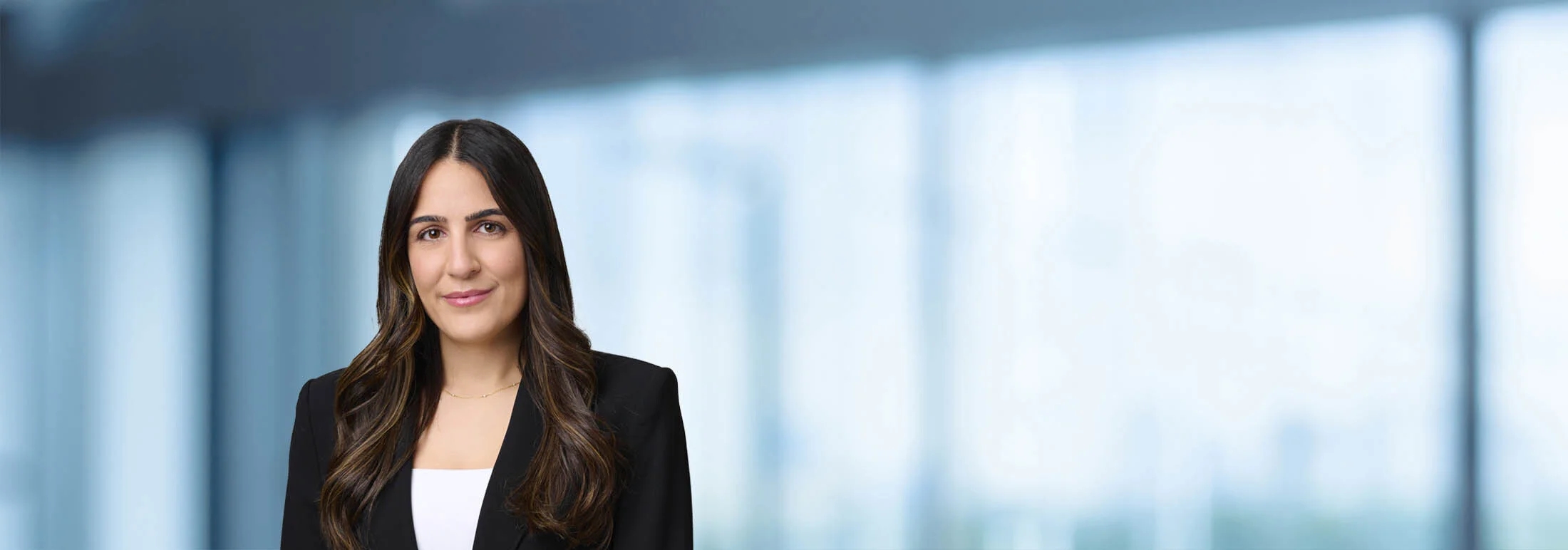 A photo of attorney, Aleka Adamian, against a softly blurred office background