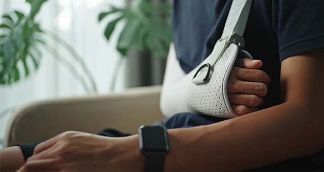 Close-up of a seated person wearing a white arm sling, with one hand resting inside the sling and the other on their lap. The person wears a smartwatch, and a leafy plant and soft interior lighting appear in the background, suggesting a comfortable indoor