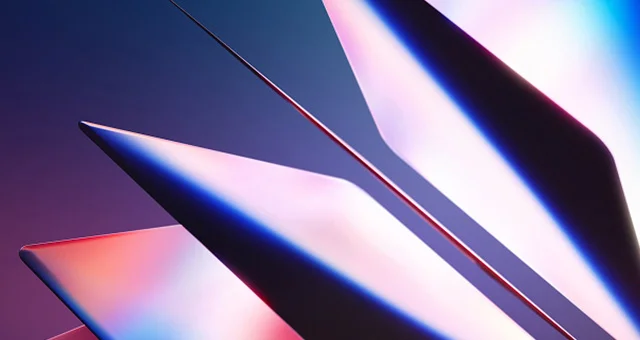 An abstract geometric composition featuring sharp, angular shapes layered diagonally across the image. The shapes are primarily in shades of white and light gray, with subtle gradients of blue and purple in the background.