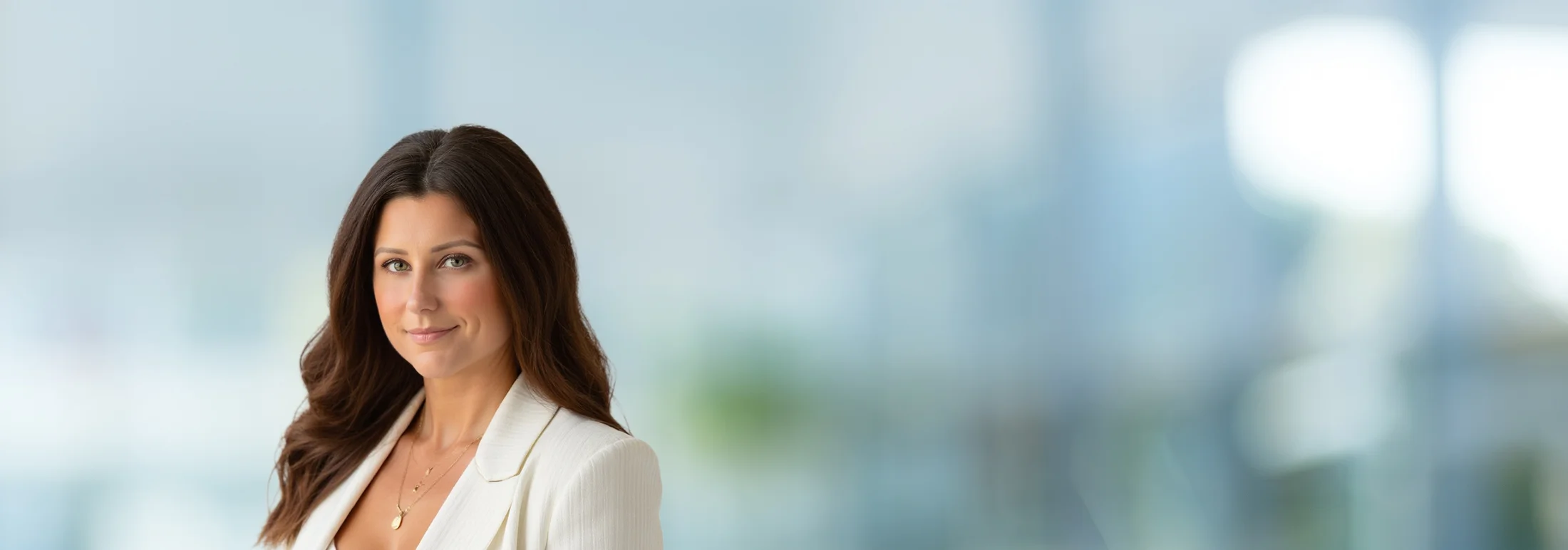 Professional headshot of Adrienne Stonecypher with long dark hair wearing a white blazer and layered gold necklaces, positioned against a softly blurred blue and gray office-style background with ample open space on the right side of the image.